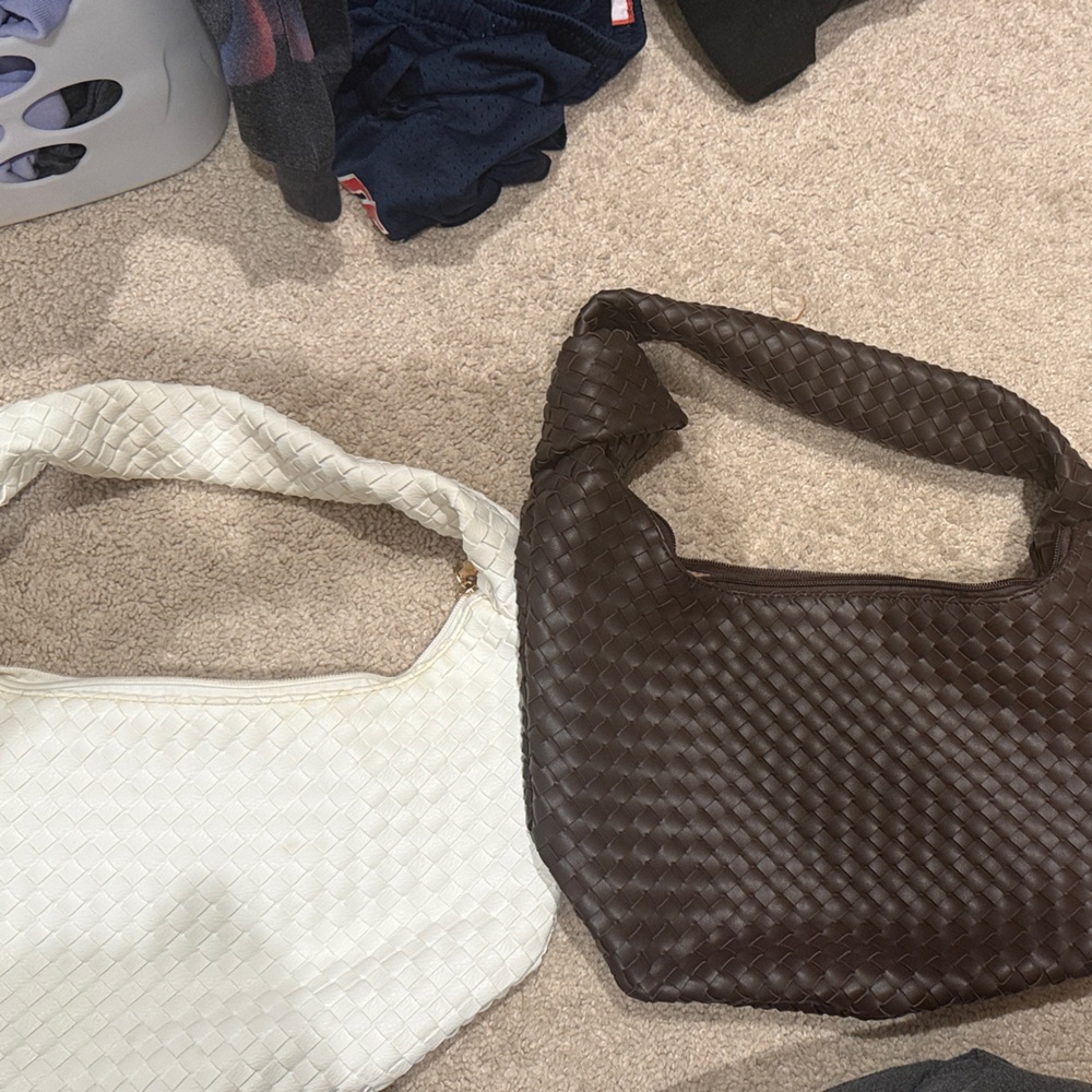Elegant White and Brown Woven Handbag